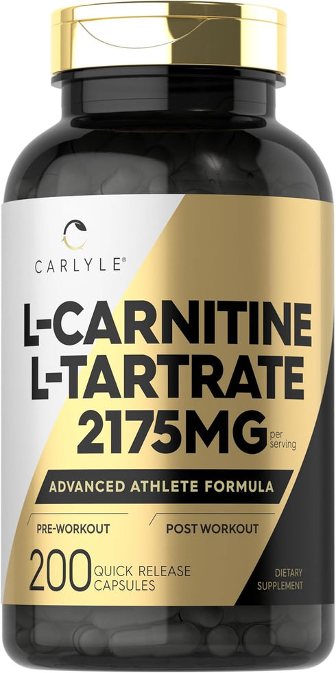 Carlyle L-Carnitine Tartrate 2175mg, 200 Capsules, Advanced Athlete Workout Supplement, Non-GMO, Gluten Free