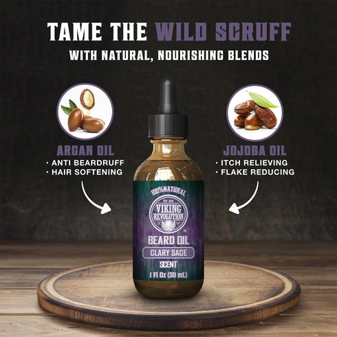 Viking Revolution Beard Oil with Clary Sage for Men - Natural Blend with Argan and Jojoba Oils for Softening and