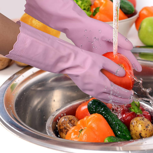 Bamllum Rubber Cleaning Gloves - 2 Pairs of Medium Latex Free Kitchen Gloves, Non-Slip Waterproof (Blue+Pink)