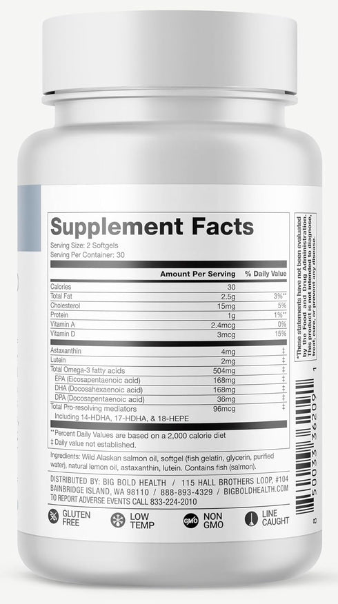 Wild Alaskan Salmon Oil with Astaxanthin, Lutein, Vitamins A&D, 60 Softgels for Skin & Eye Health, Gluten-Free
