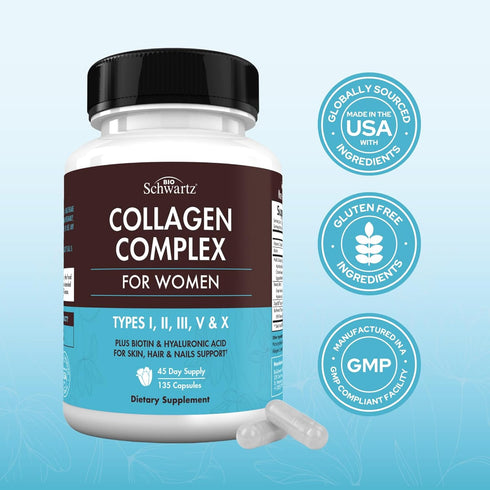 Multi Collagen Pills for Women, 135 Capsules | Types I II III V X with Vitamin C, Hyaluronic Acid, Biotin & Digestive