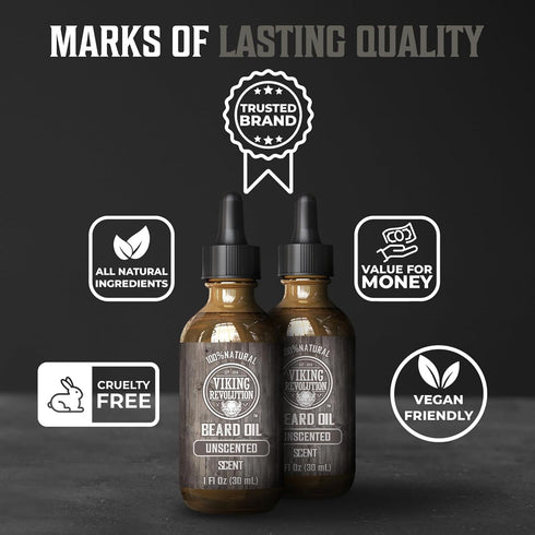 Viking Revolution Men's Beard Oil - Argan & Jojoba Oils, Natural Softener & Conditioner, Unscented, 2 Pack