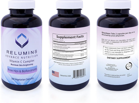 Relumins Advance Vitamin C MAX Skin Brightening Complex with Rose Hips & Bioflavonoids, 180 Capsules