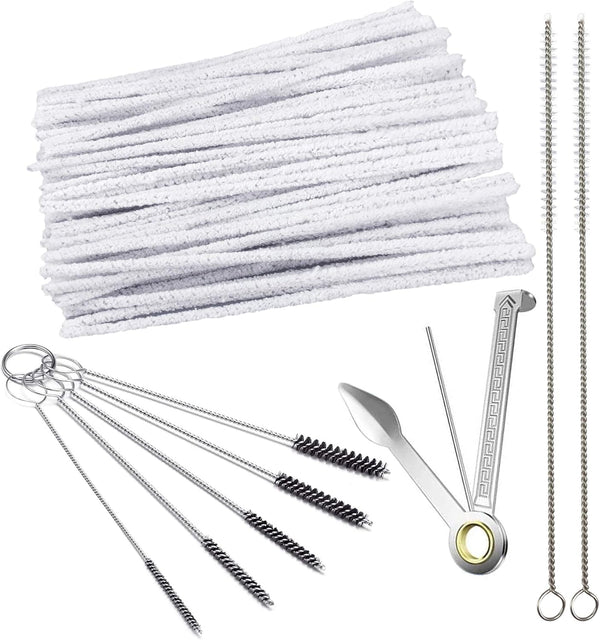 Pipe Cleaners Tool Set, 100 Hard Bristle Pipe Cleaners, 3-in-1 Tamper Reamer, Mini Nylon Brush Set, 2 Straw Cleaning
