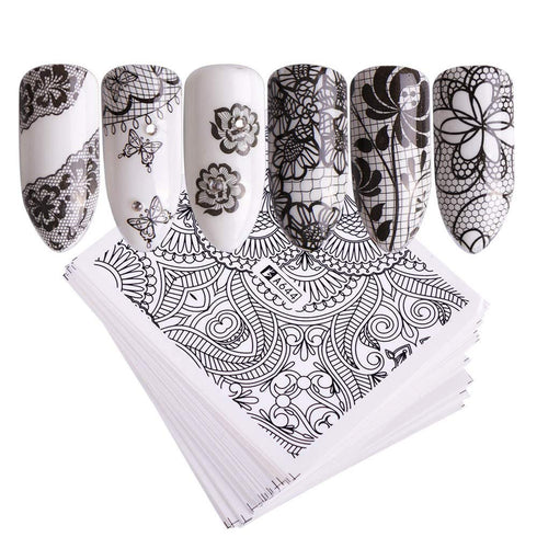 Valuu Black Lace Flower Nail Art Stickers, 40 Sheets Water Transfer Decals for DIY Manicure Tips