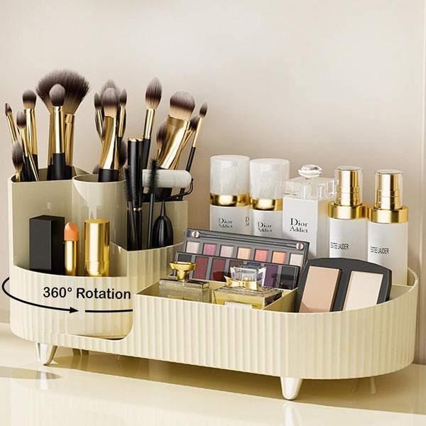 Rotating Makeup Organizer for Vanity, Large Spinning Cosmetic Storage with Brush Holder and Display Case