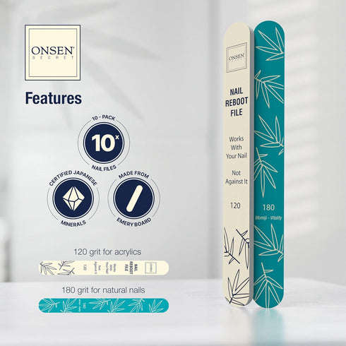 Onsen Secret Japanese Nail File - Professional 10-Pack Double Sided Natural & Acrylic Filers - 120/180 Grit