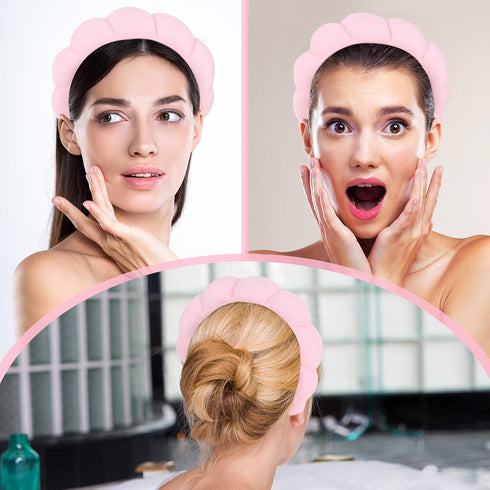 Pink Spa Headband for Washing Face, Terry Cloth Puffy Headbands for Women Girls Skincare Accessories