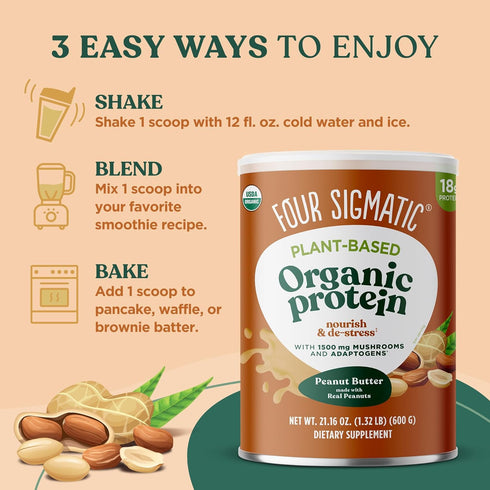 Four Sigmatic Organic Plant-Based Protein Powder, Peanut Butter Flavor, Clean Vegan Protein, 21.16 oz