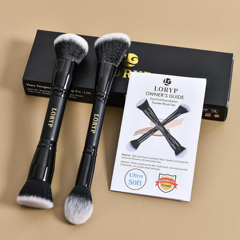 LORYP Black Makeup Brushes - 2Pcs Duo End Foundation and Blush & Highlighter Brush Set