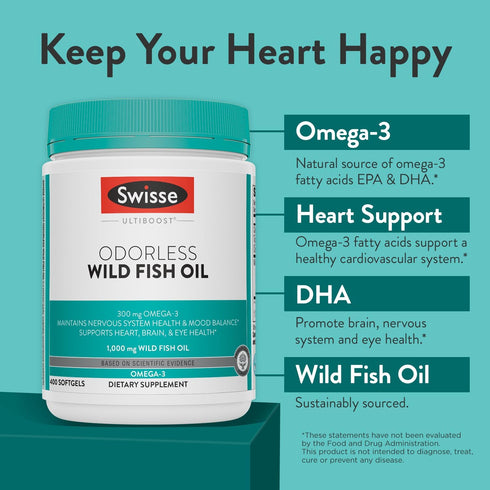 Swisse Omega 3 Fish Oil Supplement 1000mg - 400 Softgels for Heart, Brain & Eye Health, Sustainably Sourced Omega-3 DHA