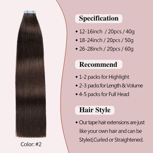 Sunya Tape in Hair Extensions, 14 inches Silky Straight Remy Human Hair Seamless Skin Weft, #2 Dark Brown, 40 Gram,
