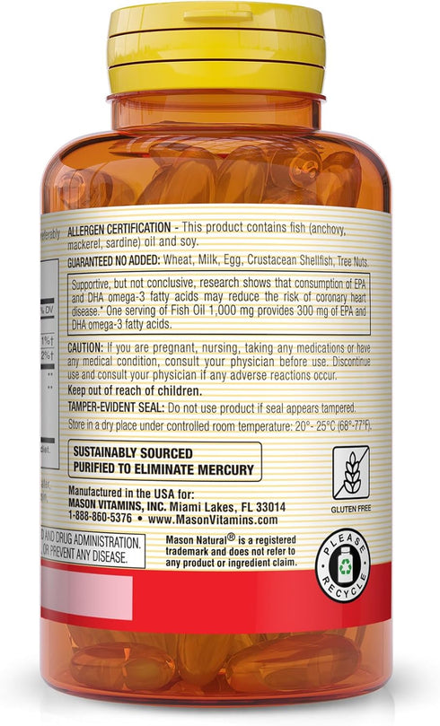 MASON NATURAL No Burp Fish Oil 1000 mg Omega-3 300 mg - 100 Softgels Pack of 3 for Healthy Heart Support