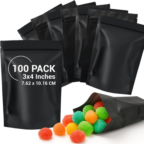 COLSEN Smell Proof Resealable Bags, Matte Black Mylar Bag 3x4 Inches, 100 Pack Strong Zipper Seal for Food Storage