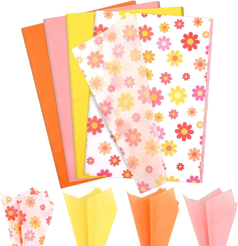100 Sheets 20 * 14 Inches Boho Tissue Paper, Retro Orange Yellow Pink Color for Gift Wrapping and Crafts