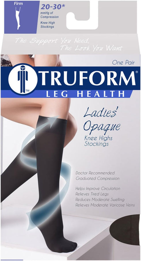 Truform Women's Compression Stockings, 20-30 mmHg, Knee High Length, Open Toe, Black, Medium