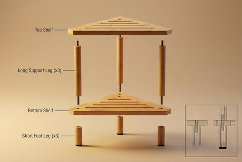 2-Tier Bamboo Corner Shower Stool with Storage Shelf, Waterproof Shower Foot Rest for Shaving Legs, Small Bathroom
