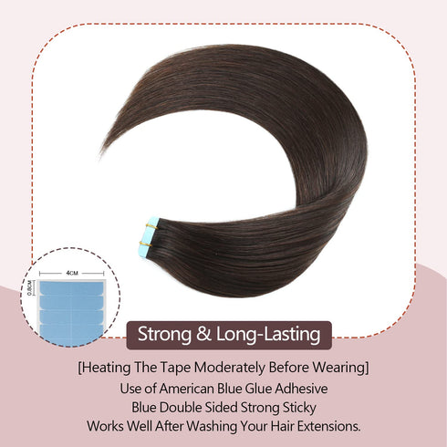 Sunya Tape in Hair Extensions, 14 inches Silky Straight Remy Human Hair Seamless Skin Weft, #2 Dark Brown, 40 Gram,