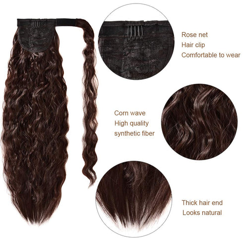 YEAME 22 Inch Long Corn Wave Ponytail Extension Clip in, Wavy Curly Heat Resistant Synthetic Hairpiece (Medium Brown #4)