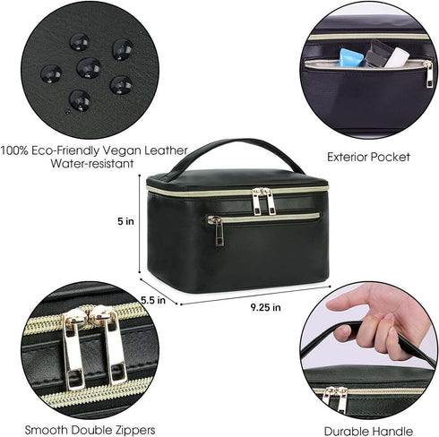 Makeup Bag, Travel Organizer Cosmetic Brush Case for Women in Vegan Leather, Black