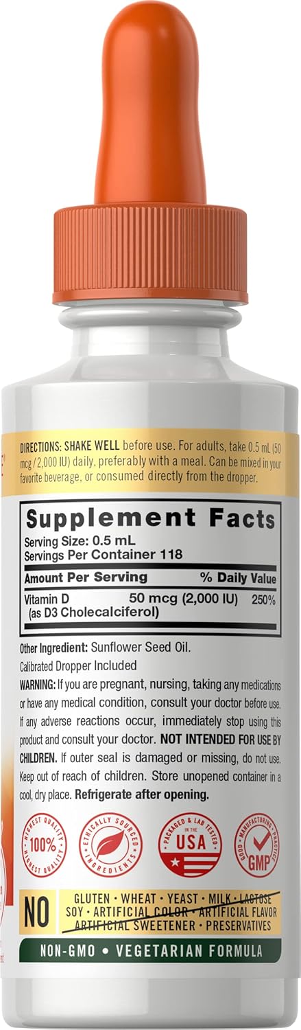 Carlyle Liquid Vitamin D3 | 2000 IU | 2 oz | Vegetarian, Non-GMO, and Gluten Free Formula | 50mcg | Vitamin D Liquid Drops for Adults