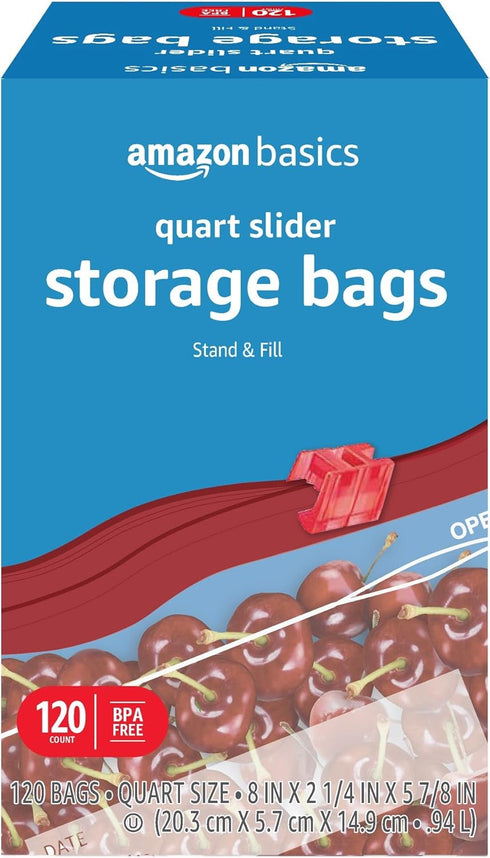 Amazon Basics Slider Quart Food Storage Bags, Stand & Fill, 120 Count Pack