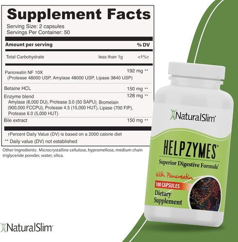 NaturalSlim Digestive Enzymes for Women & Men - Helpzymes Essential Enzymes for Digestion, 100 Capsules