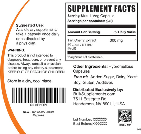 BulkSupplements.com Tart Cherry Extract Capsules - Herbal Supplement, Antioxidants Source - Vegan, Gluten Free - 1 Capsule per Serving - 240-Day Supply (240 Veg Capsules)