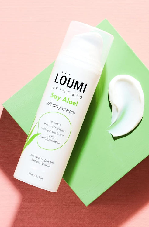 LOUMI Skincare Lightweight Hydrating Aloe Face Cream, Aloe Vera, Algae, And Hyaluronic Acid, Soften And Brighten Skin, Made In The US
