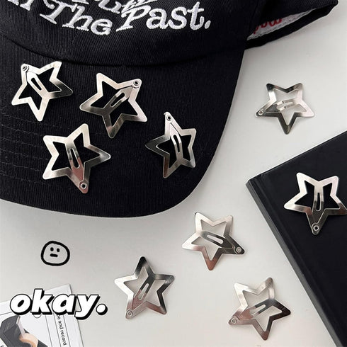 Star Hair Clips 2000s Y2K Snap Hair Barrettes, Non Slip Silver Metal Hair Accessories for Girls Women