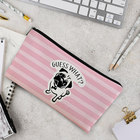 Pug Gifts for Pug Lovers - Pink Stripe Makeup Bag, Cute Pug Canvas Zipper Pouch, Funny Pug Butt Gifts