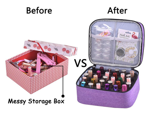 Nail Polish Organizer, Holds 30 Bottles, Double-layer Carrying Case with Handle (Purple)