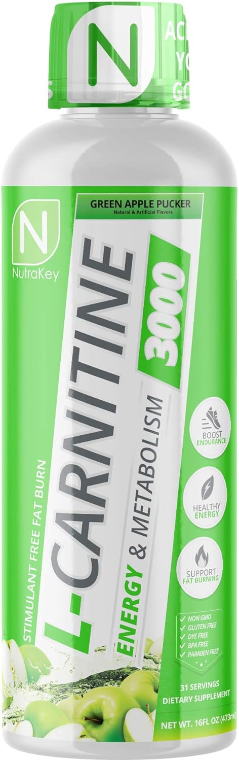 NutraKey L-Carnitine 3000mg, Green Apple Flavor, No Sugar, Gluten Free, 31 Servings