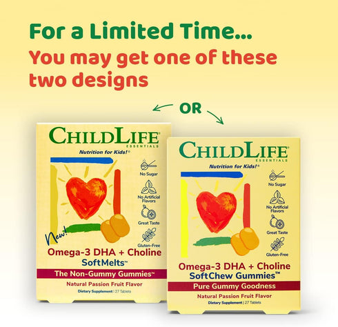 CHILDLIFE ESSENTIALS Omega-3 DHA + Choline SoftChews - 27 Tablets, All-Natural Support for Optimal Brain & Nervous