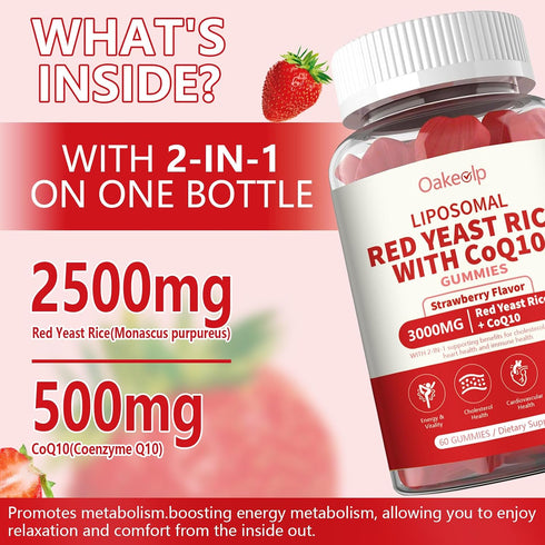 Oakevlp 2 Pack 10 3000mg Gummies,Organic 10 98% Liposomal Red Yeast Rice with Coq Red Yeast Rice Cholesterol Lowering