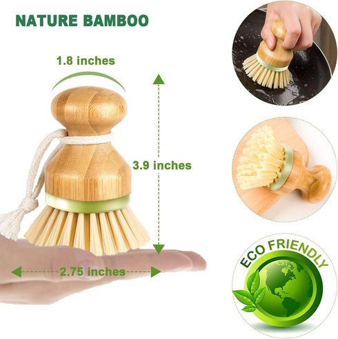Bamboo Dish Brush, Pack of 2 Scrub Brush for Kitchen Sink, Dishes, Pots, Pans, Cast Iron Skillet Cleaning