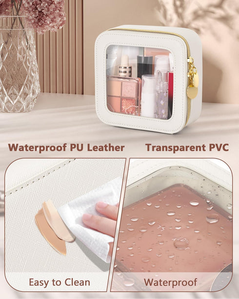 Mini Makeup Bag, Small Waterproof Clear Makeup Bag, Leather Cosmetic Pouch for Travel, Beige