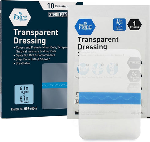 MED PRIDE Sterile Adhesive Transparent Film Dressing, 10 Pack (6'' x 8''), for Wound Care, Burns, Tattoos