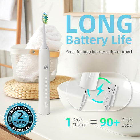 7AM2M Sonic Electric Toothbrush for Adults and Kids, Roman Column Handle Design (White), 6 Brush Heads, 5 Modes, Smart