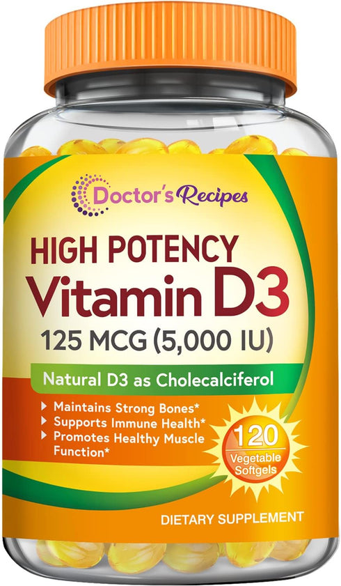 Doctor's Recipes Vitamin D3 5000IU, Immune Support for Bones, Teeth, Muscle Function, 120 Vegetarian Softgels