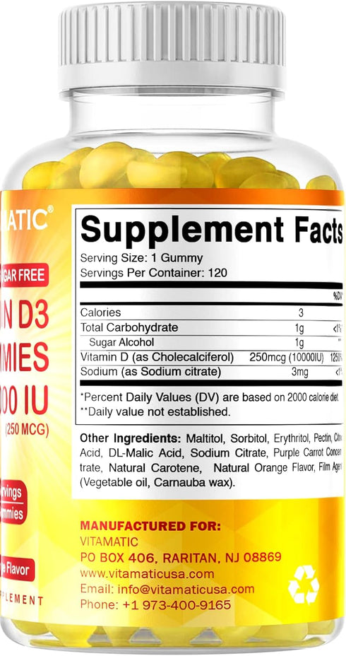 Vitamatic Sugar Free Vitamin D3 10000 IU - 120 Pectin Based Gummies - Great Taste, Healthy Bones & Immune Function