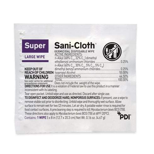 PDI Super Sani-Cloth Germicidal Disposable Wipe, Large, 5" x 8", Individual