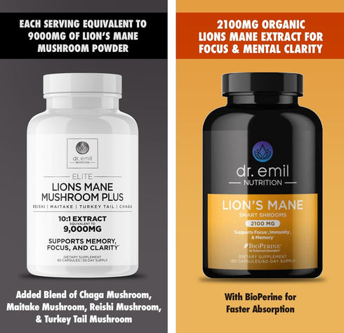 DR. EMIL NUTRITION 9000mg Organic Lions Mane Supplement Capsules with Chaga, Reishi & Maitake Blend