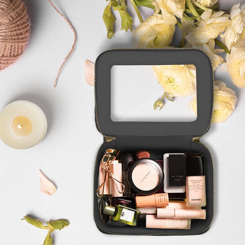 Waterproof Clear Makeup Bag Cosmetic Organizer Case with Golden Zipper for Travel Toiletries (Black)