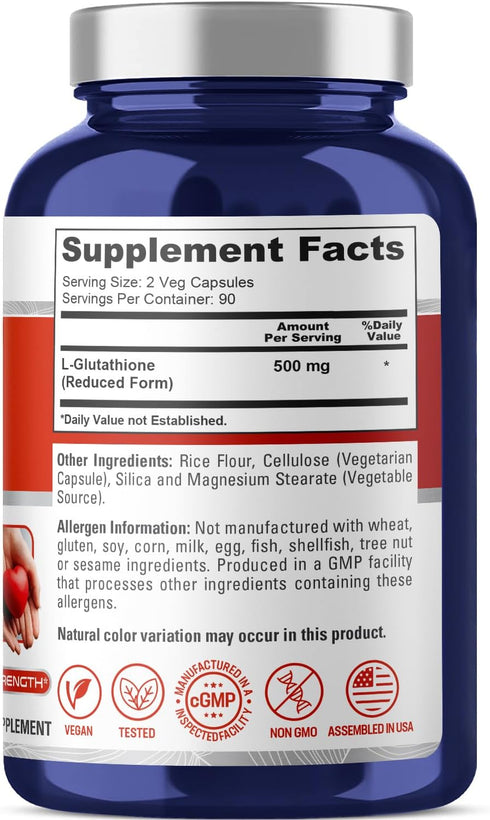 NusaPure Reduced Glutathione 500mg 180 Veggie Capsules (Vegan,Non-GMO) L-Glutathione