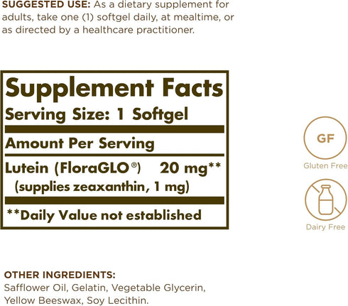 SOLGAR Lutein 20 mg, 60 Softgels, Pack of 2, Gluten Free, Dairy Free, Eye Health