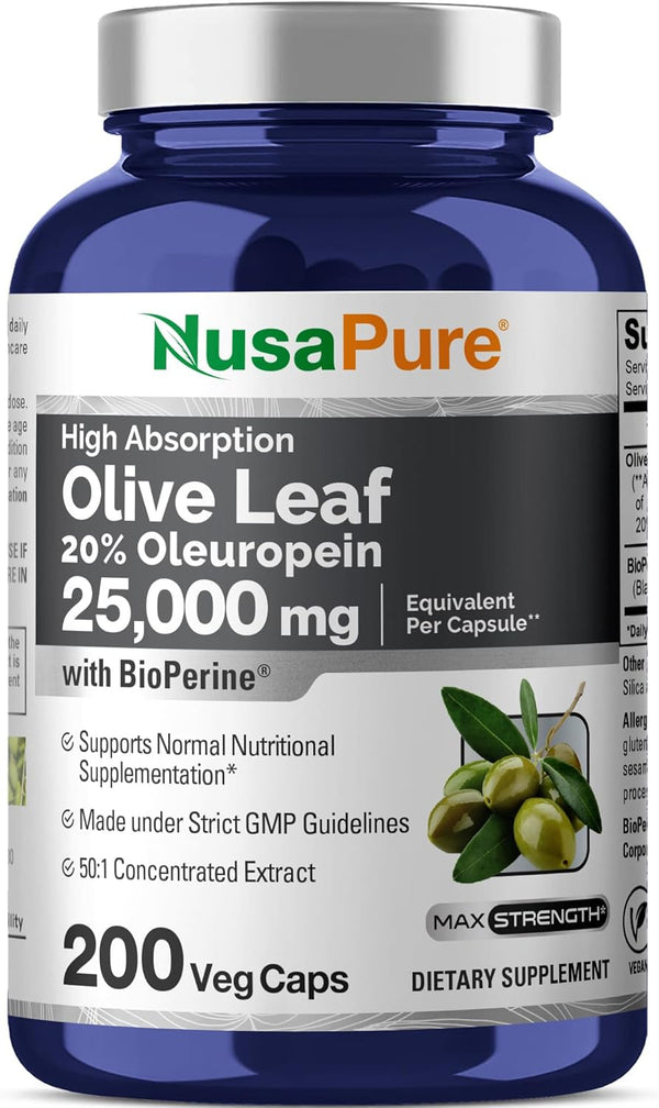 NusaPure Olive Leaf 20% Oleuropein 50:1 Extract, 500 mg Equivalent to 25,000 mg, 200 Veg Caps, Suitable for Vegetarians