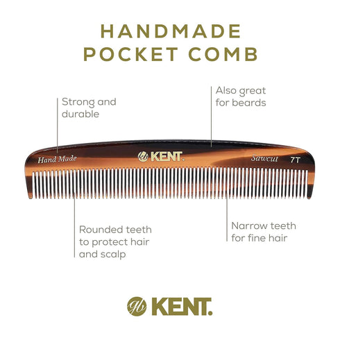 Kent 7T Handmade All Fine Tooth Pocket Comb for Men, Hair Styling, Mustache and Beard, Made in England