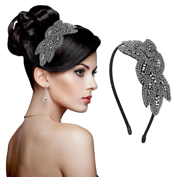 Sibba 1920s Headbands for Women - Crystal Bridal Wedding Black Headpiece, Rhinestone Flapper Vintage Hair Accessory for