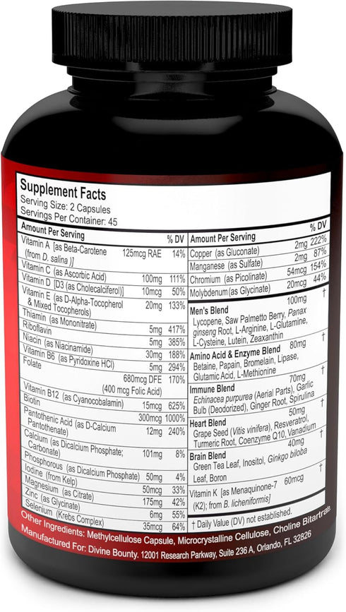 Mens Multivitamin, Daily Multivitamin for Men with Vitamins A C D E K B Complex, 90 Vegetarian Capsules